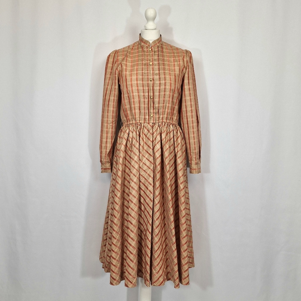 Vintage Japanese Cordier Gold Red Beige Tartan Pleated Fit And Flare Dress 10 - Picture 1 of 8